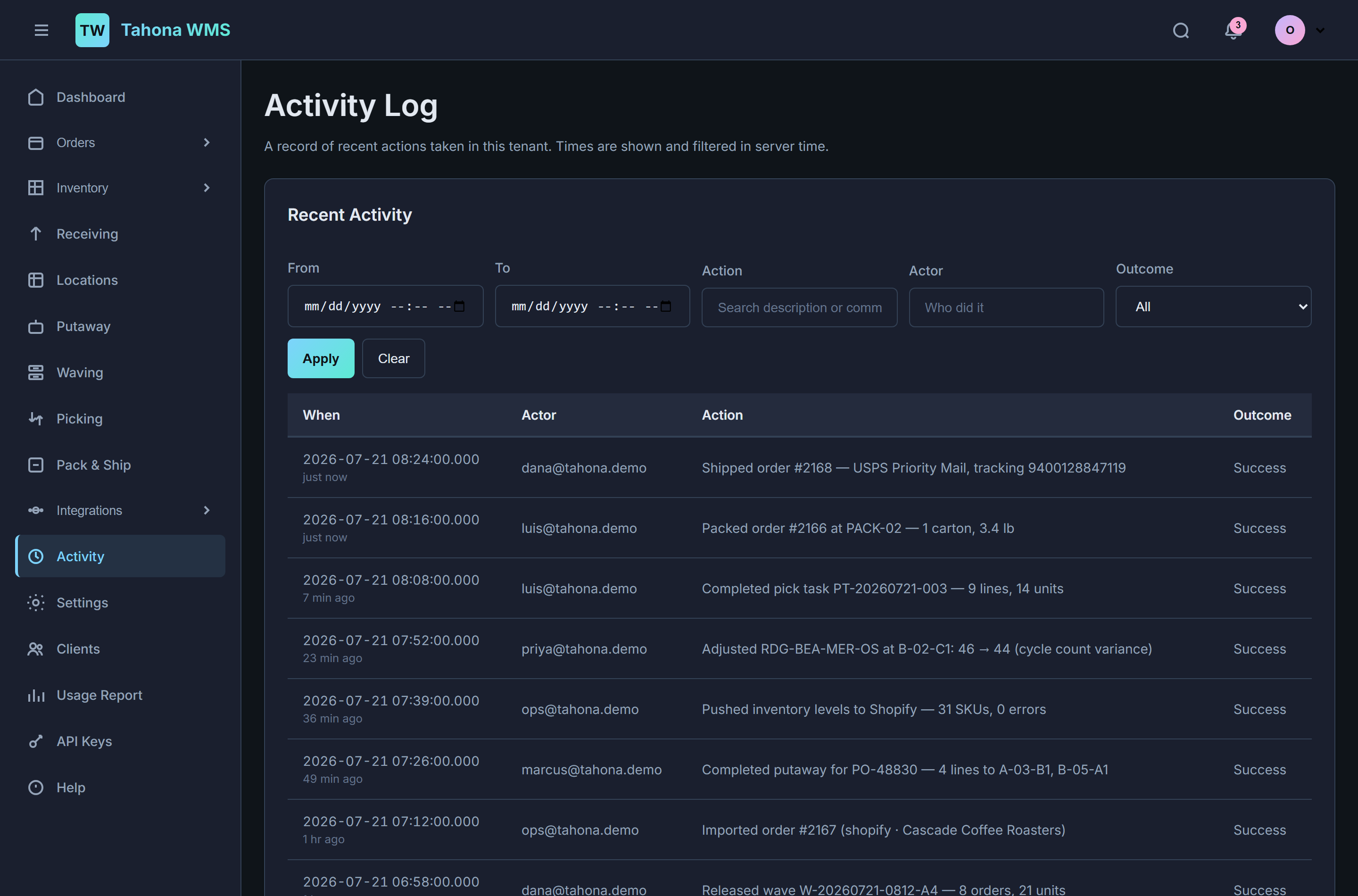 Activity log listing timestamped actions with actor, description and outcome, filterable by date, action, actor and outcome