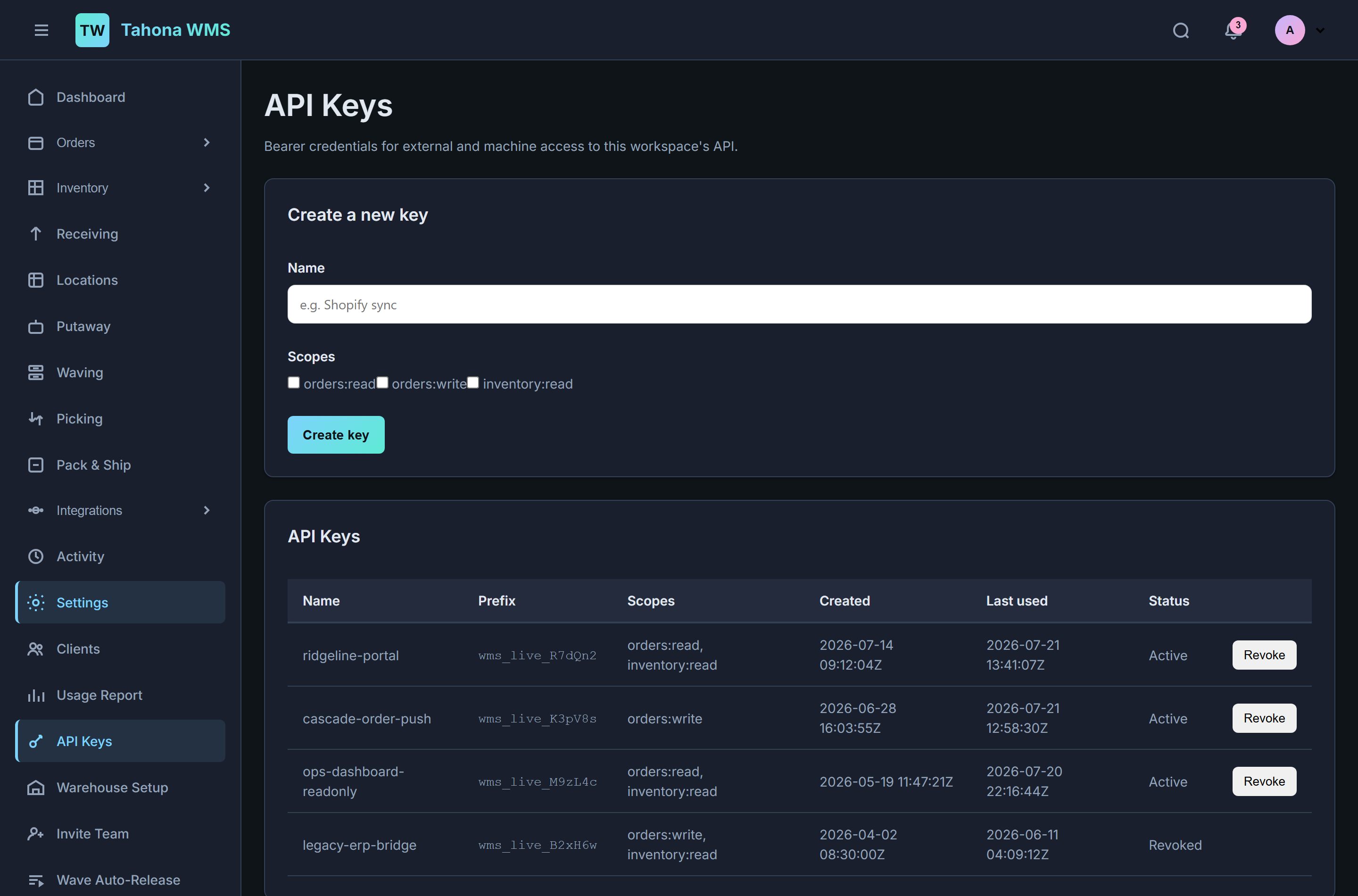 API keys table listing key name, prefix, scopes, created date, last used date and status