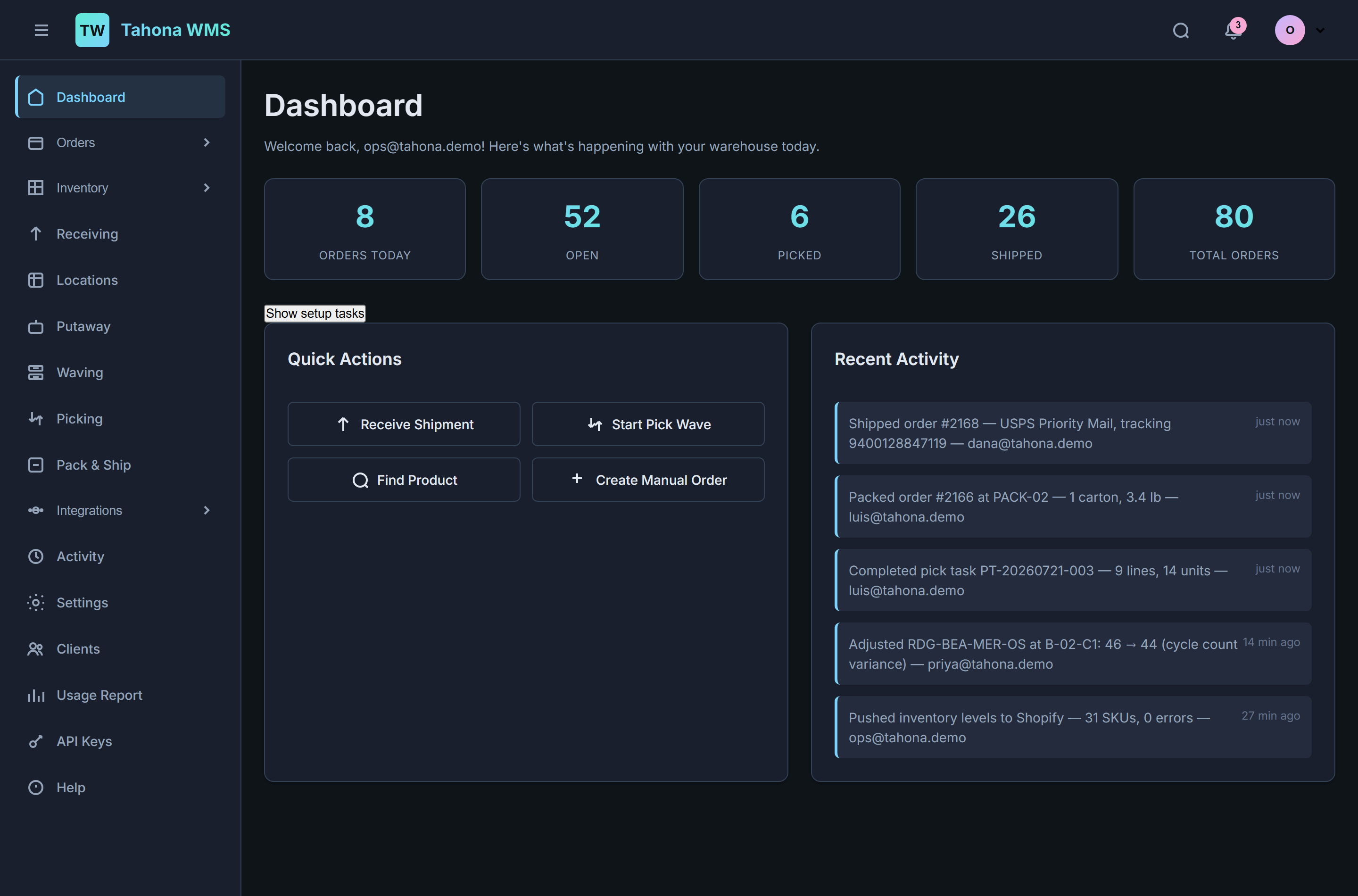 Tahona WMS dashboard showing orders today, open, picked and shipped counts alongside a recent activity feed
