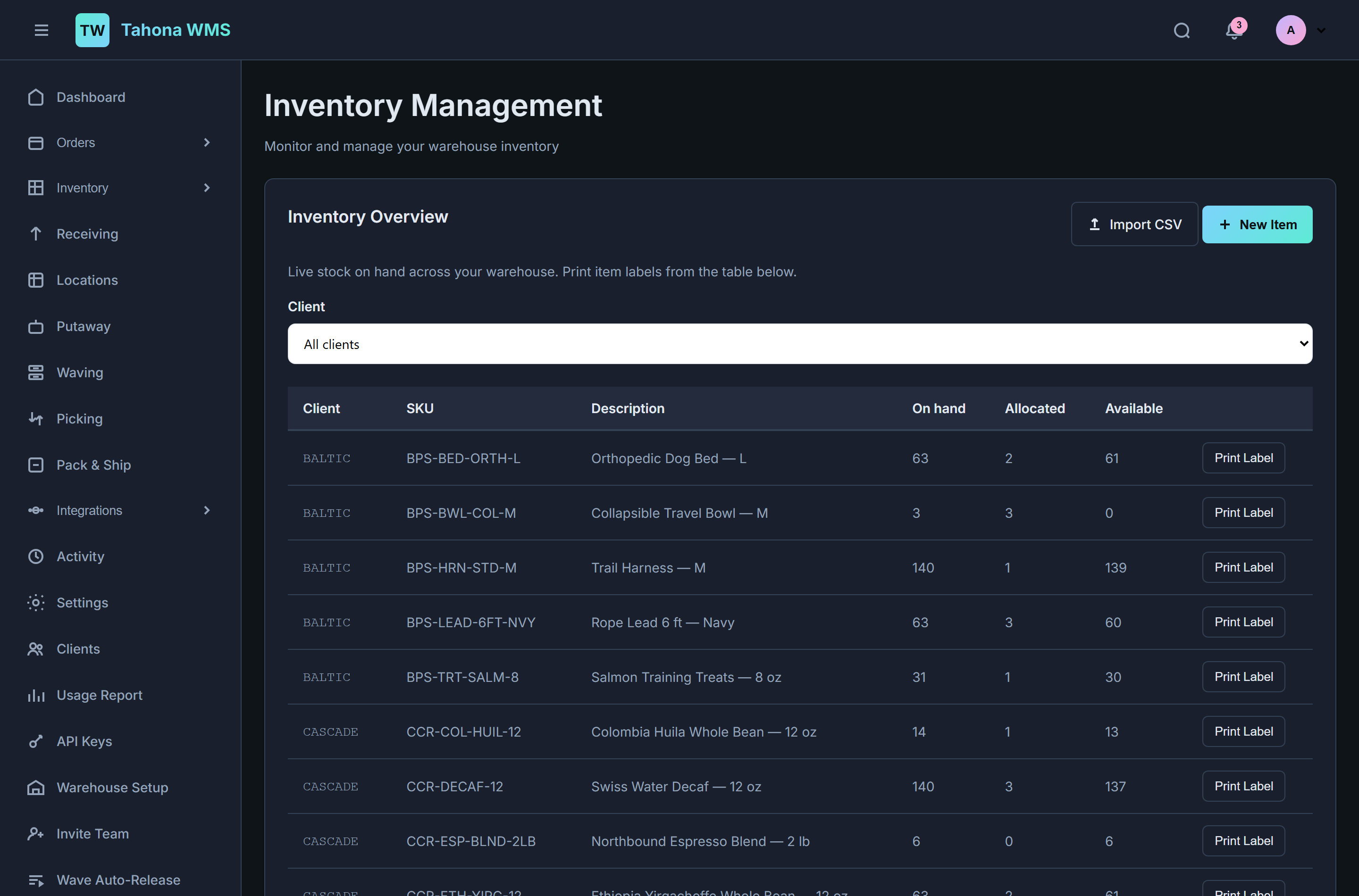 Inventory overview listing SKUs grouped by client code with on hand, allocated and available quantities