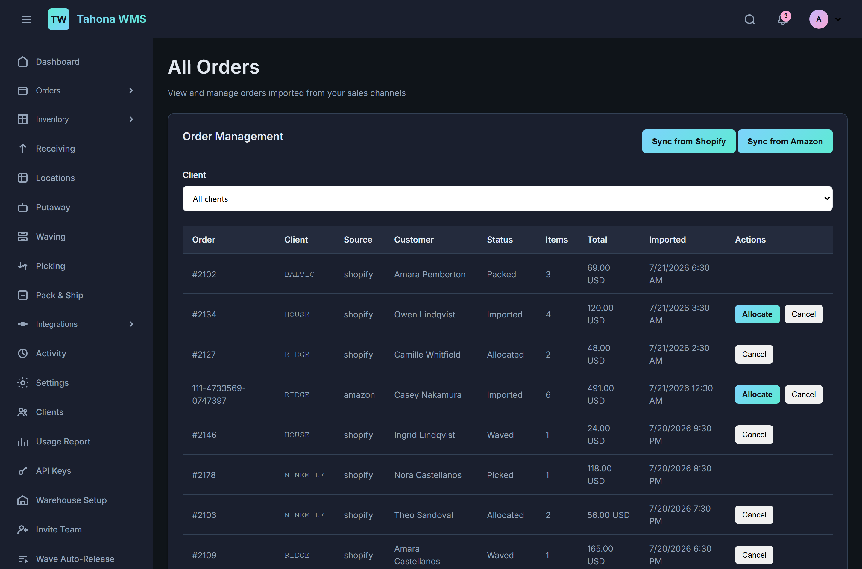 Order list showing order number, client code, source channel, customer, status, item count and total