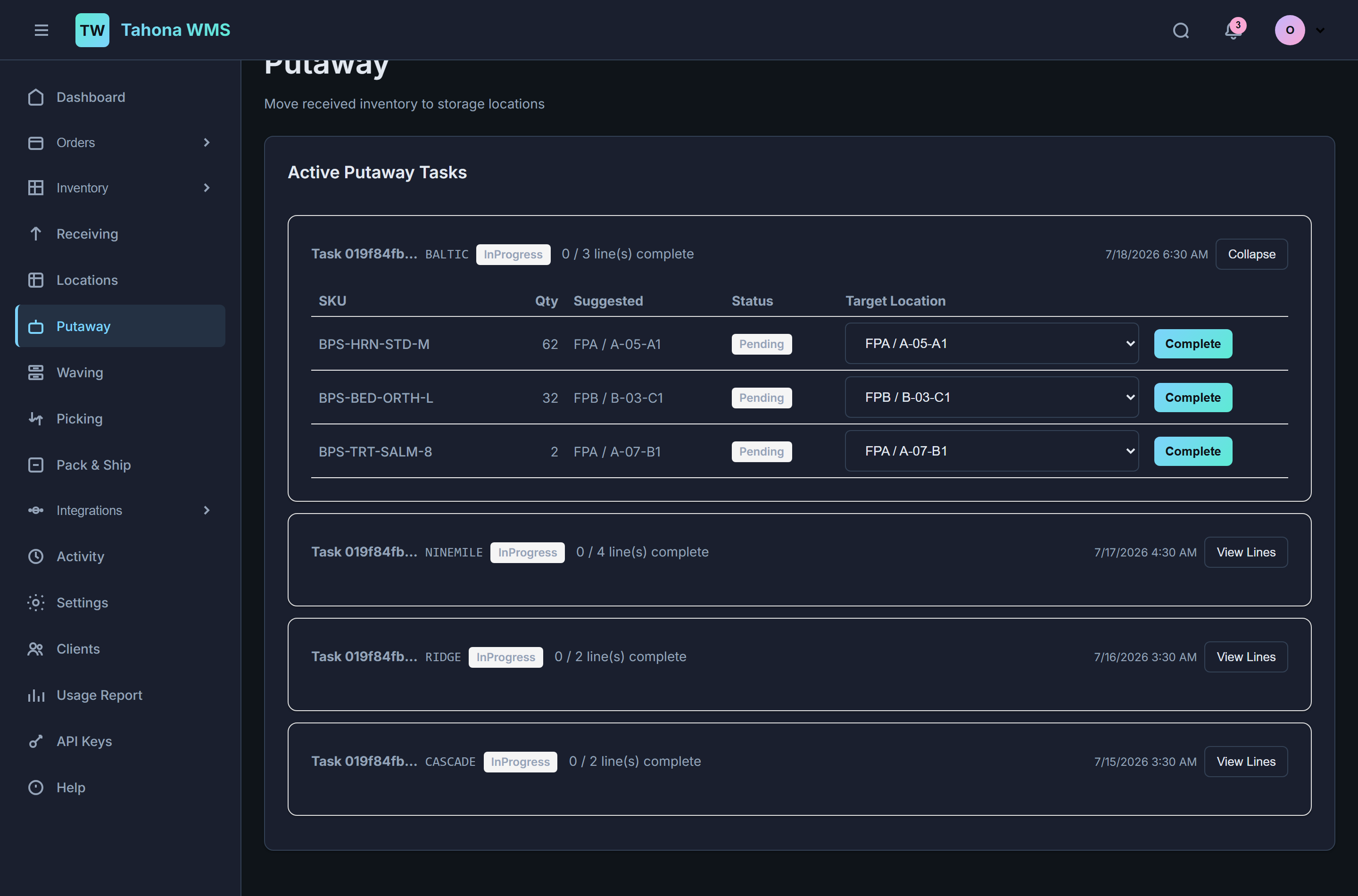 Putaway task showing SKU, quantity, suggested location, status and a target location selector