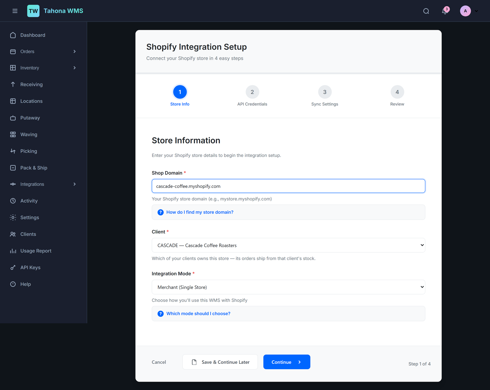 Shopify integration setup wizard showing shop domain, owning client, and merchant or 3PL integration mode