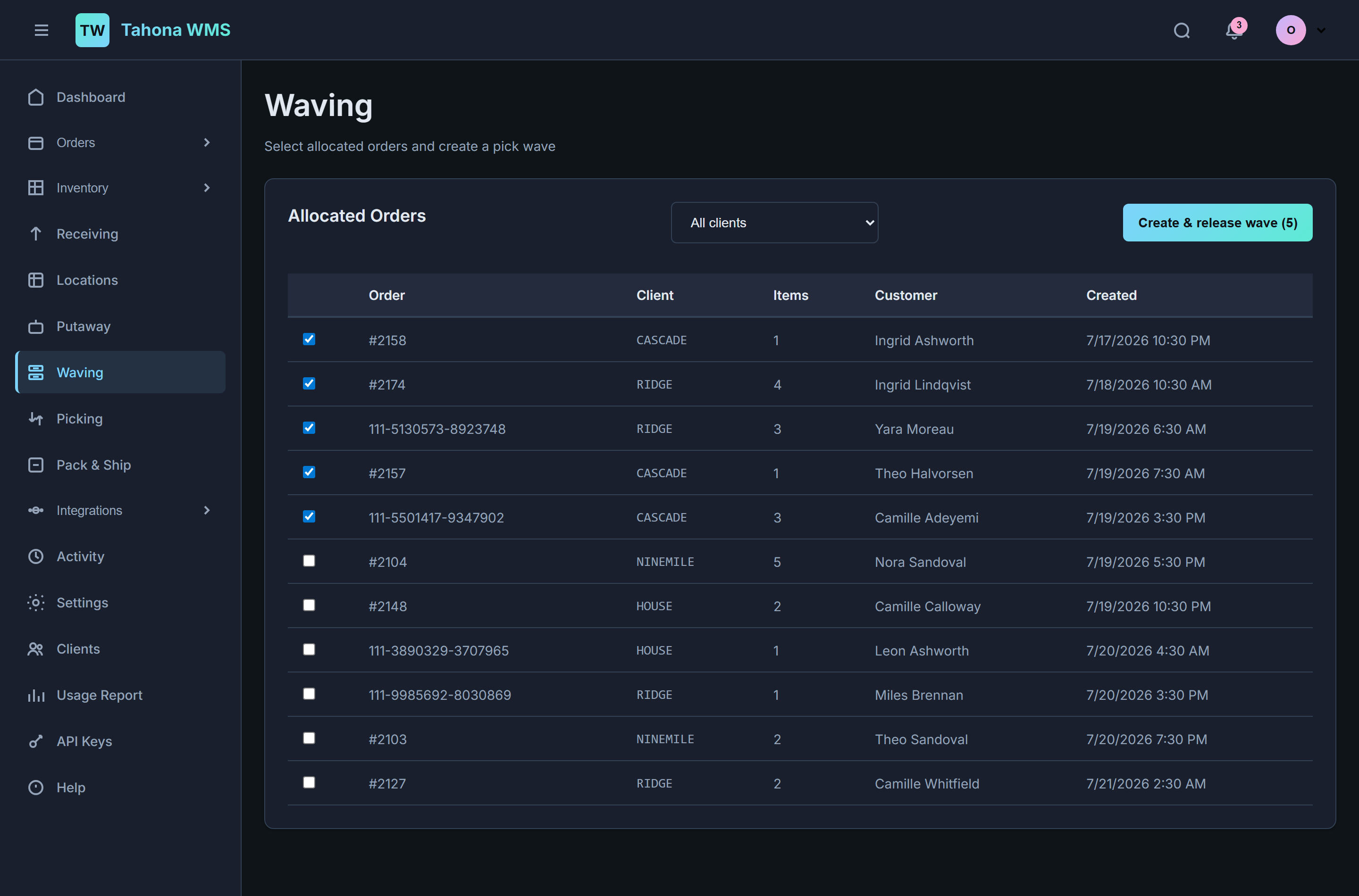 Waving screen with allocated orders selected by checkbox and a create and release wave button